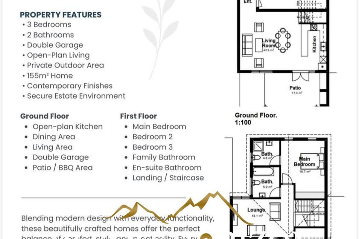 Architectural floor plan for a three-bedroom townhouse unit, detailing the layout of the ground and first floors, including garage, living areas, and patio.