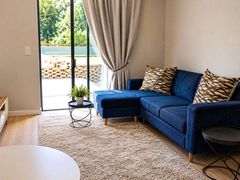 A bright living room featuring modern laminate flooring and a large sliding glass door providing access to an outdoor patio area.