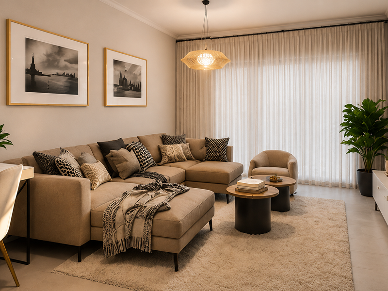 A well-appointed living room featuring neutral tones, tiled flooring, sheer curtains, and integrated lighting, creating a comfortable and modern atmosphere.