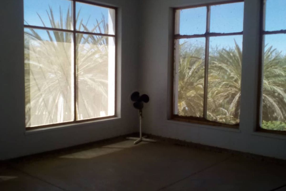 An empty, sunlit room featuring large windows with views of palm trees, offering a blank canvas for potential interior design.