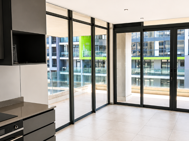 Modern open-plan kitchen and living area featuring sleek dark cabinetry, stone countertops, integrated appliances, and expansive floor-to-ceiling glass doors leading to a balcony.