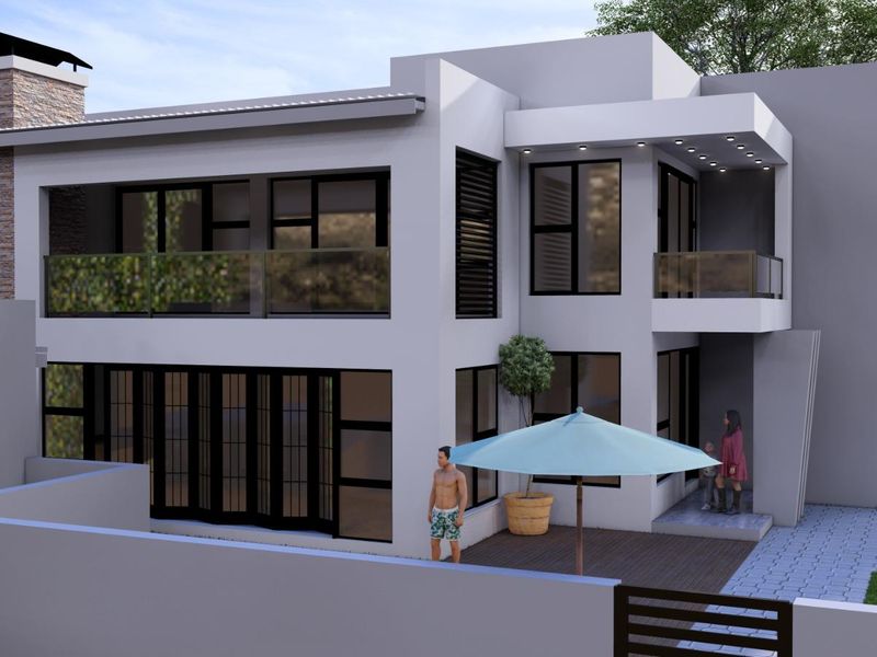 A modern two-story residential exterior featuring clean lines, large glass windows, bi-fold doors, and a stone chimney detail.