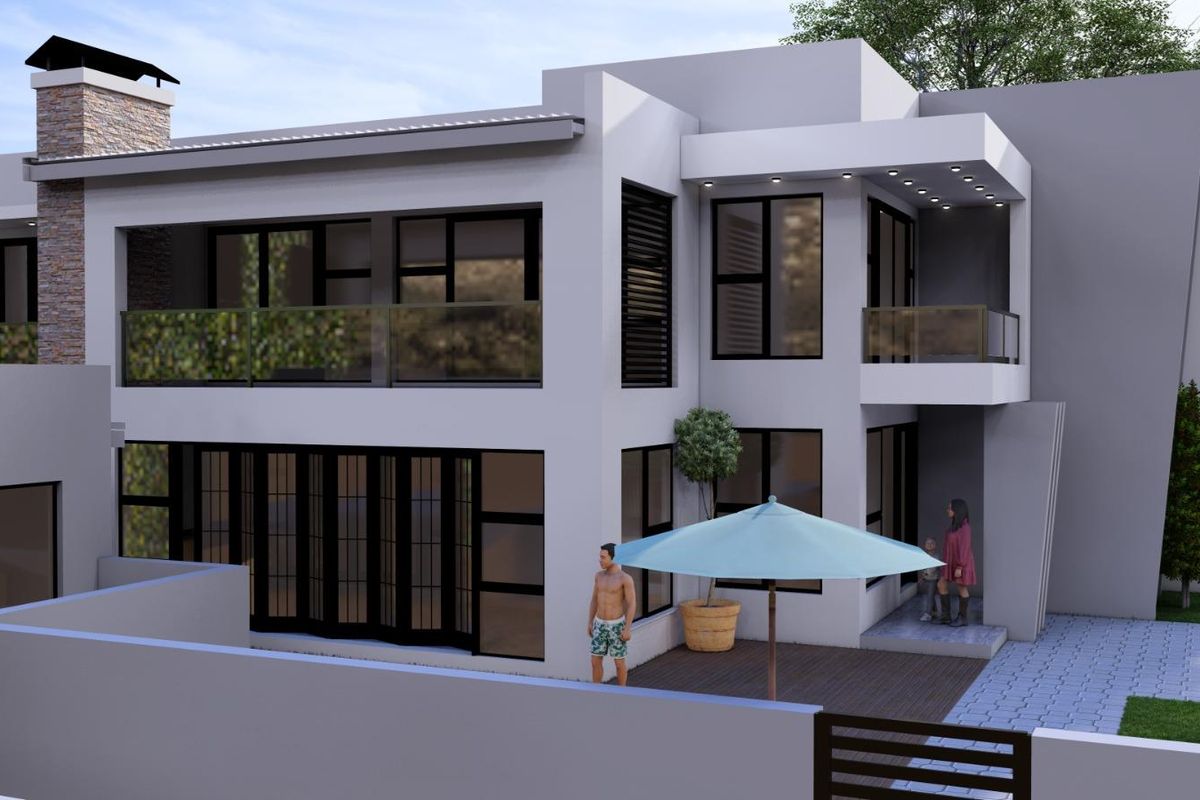 A modern two-story residential exterior featuring clean lines, large glass windows, bi-fold doors, and a stone chimney detail.