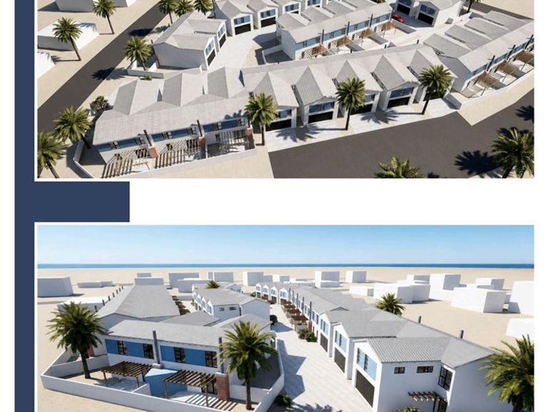 Aerial perspective of the Valora Estate townhouse development, showcasing the site layout, building architecture, and surrounding coastal landscape.