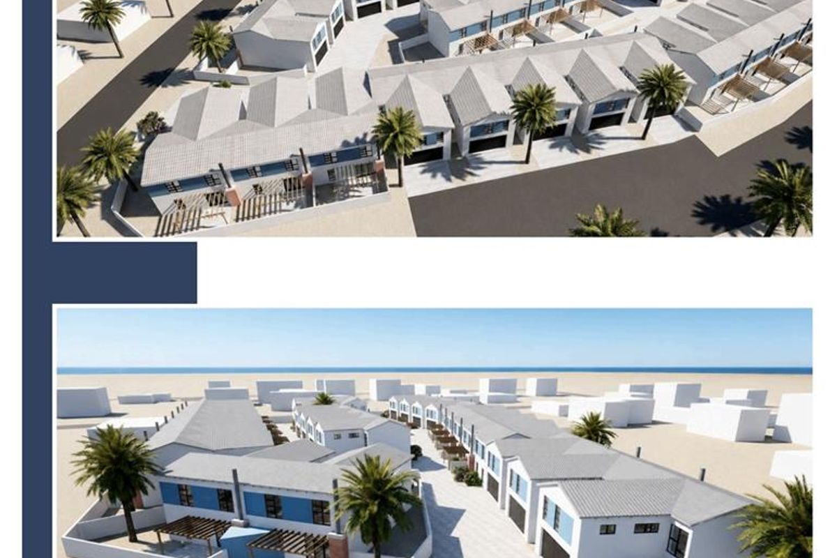 Aerial perspective of the Valora Estate townhouse development, showcasing the site layout, building architecture, and surrounding coastal landscape.