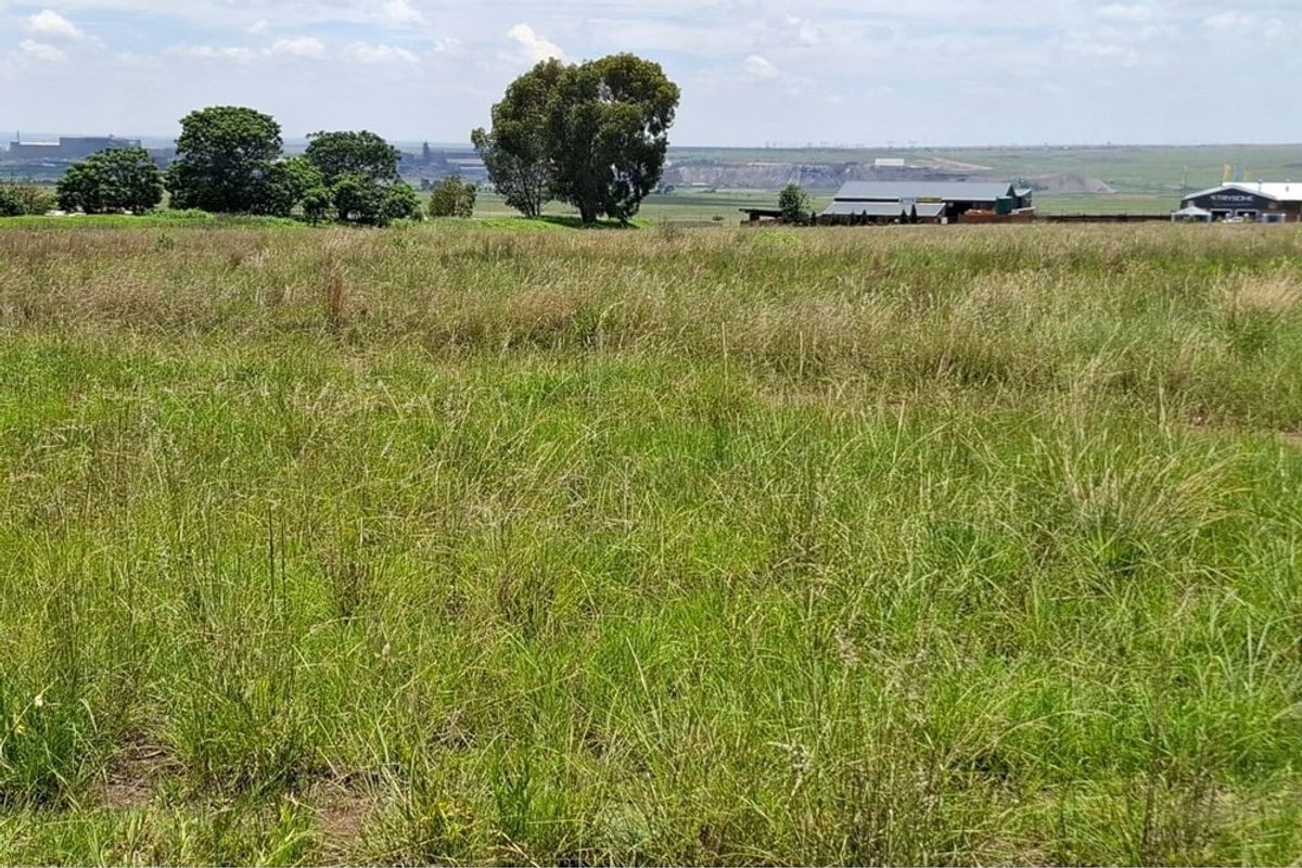 A wide-angle view of a vacant residential plot featuring natural grassland, mature trees, and distant industrial landscape views.