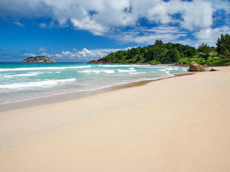A scenic view of a pristine sandy beach with turquoise ocean waters and lush coastal vegetation.
