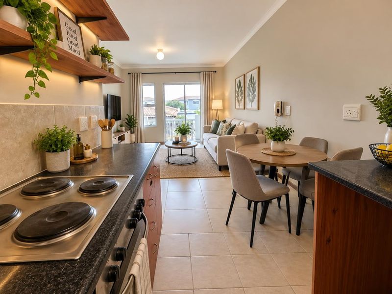Bright open-plan living area featuring a functional kitchen with built-in appliances, tiled flooring, and seamless flow to a balcony through sliding glass doors.
