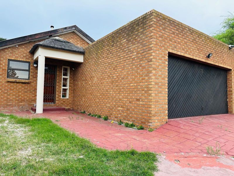 Front elevation of a face brick house featuring a thatched entrance canopy, a single garage, and a paved driveway.