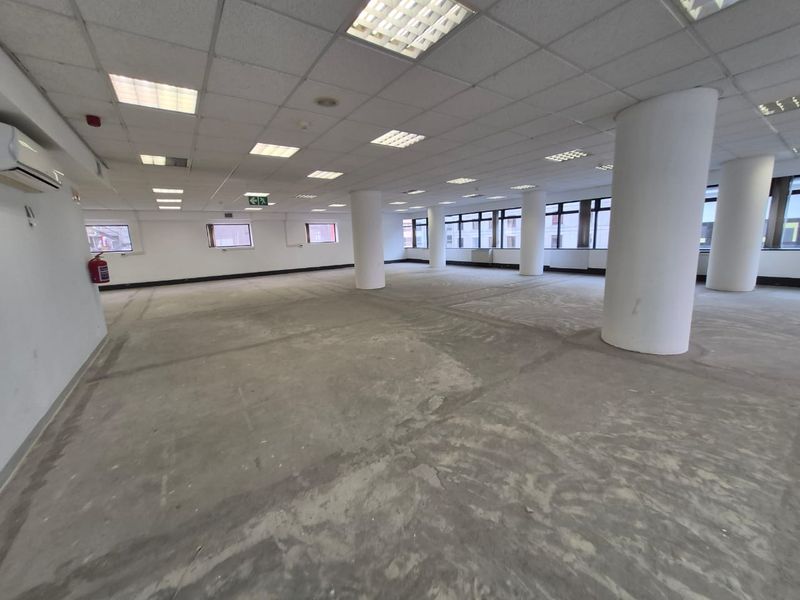 A large, open-plan office space featuring structural columns, a suspended ceiling with recessed lighting, and an unfinished concrete floor.