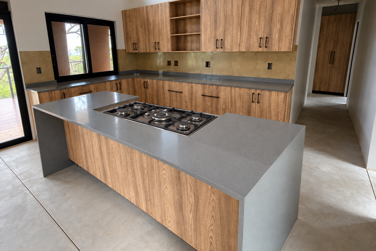 Modern kitchen featuring wood-grain cabinetry, stone countertops, a central island with a built-in gas cooktop, and polished concrete floors.