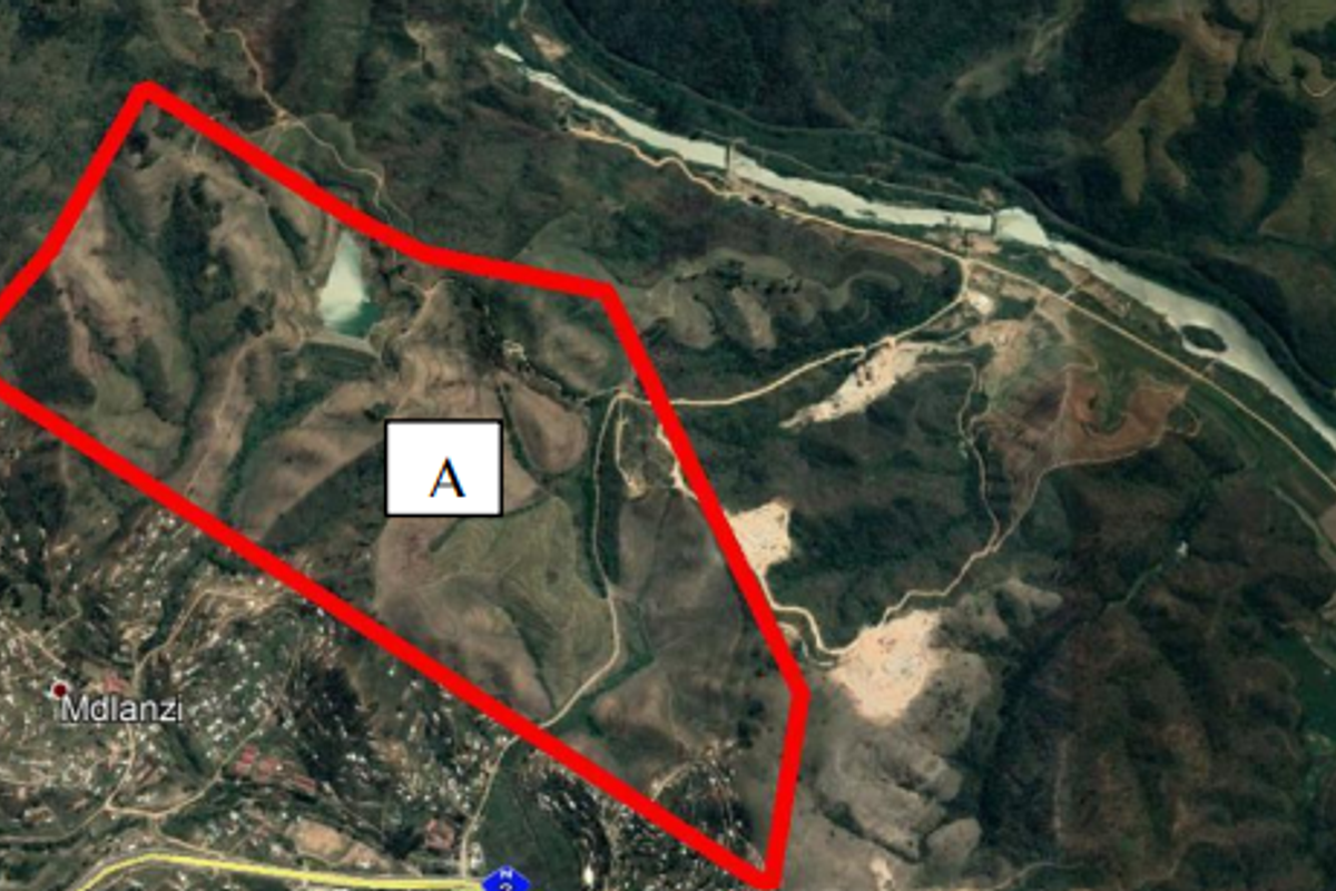 An aerial satellite view showing the demarcated farm property boundaries and surrounding landscape.