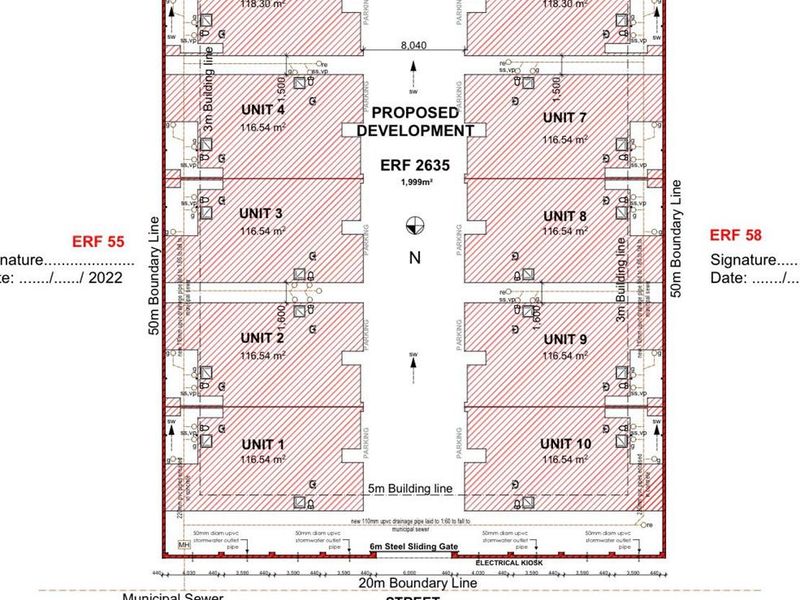 A detailed site layout floor plan showing the proposed development of ten residential units with parking, boundary lines, and municipal service connections.