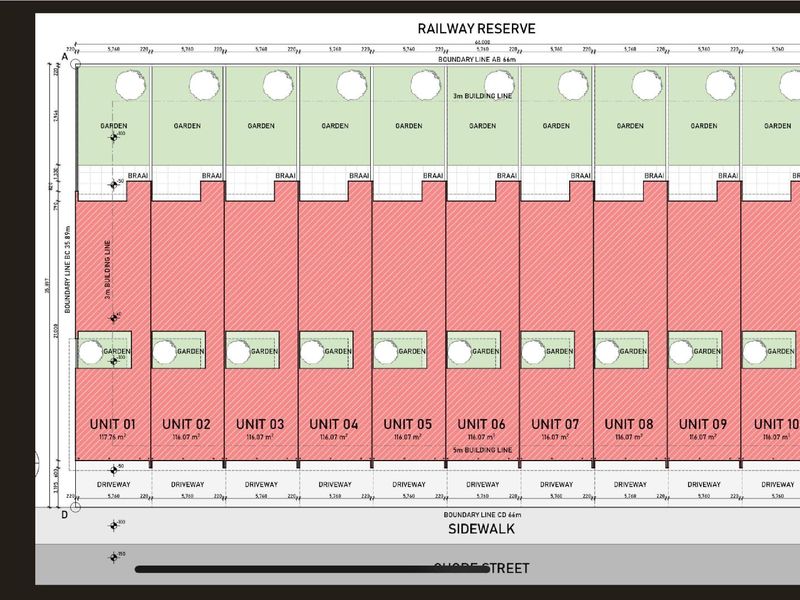 A detailed site layout plan showing the arrangement of eleven townhouse units, including their respective driveways, garden areas, and building lines.
