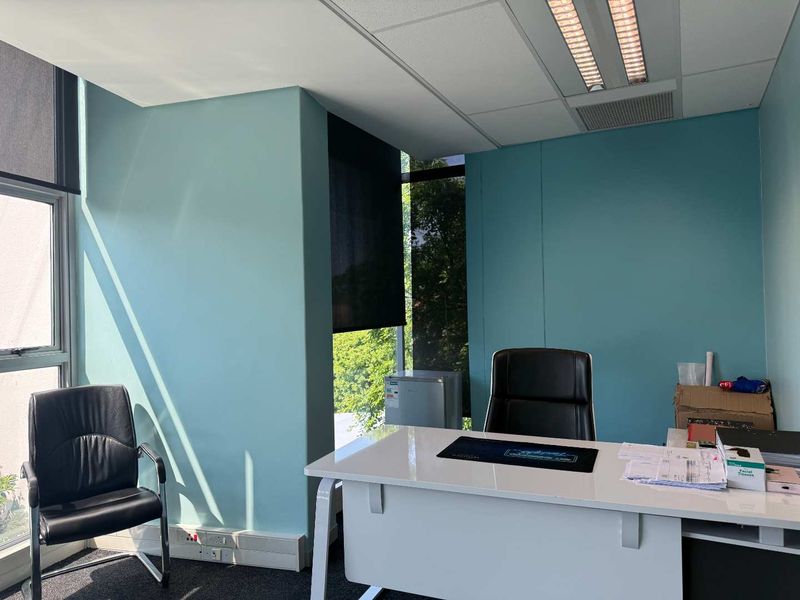 A bright office space featuring large windows with roller blinds, a suspended ceiling with recessed lighting, and blue painted walls.