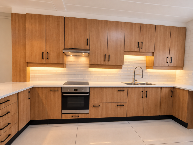 Modern kitchen featuring wood-look cabinetry, white subway tile backsplash, quartz countertops, integrated oven, hob, and under-cabinet lighting with large format floor tiles.