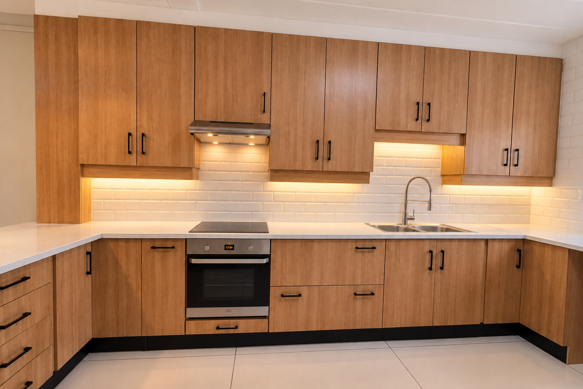 Modern kitchen featuring wood-look cabinetry, white subway tile backsplash, quartz countertops, integrated oven, hob, and under-cabinet lighting with large format floor tiles.