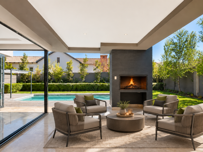 Spacious covered patio featuring a built-in fireplace, seamless indoor-outdoor flow through stacking doors, and direct access to the swimming pool and garden.