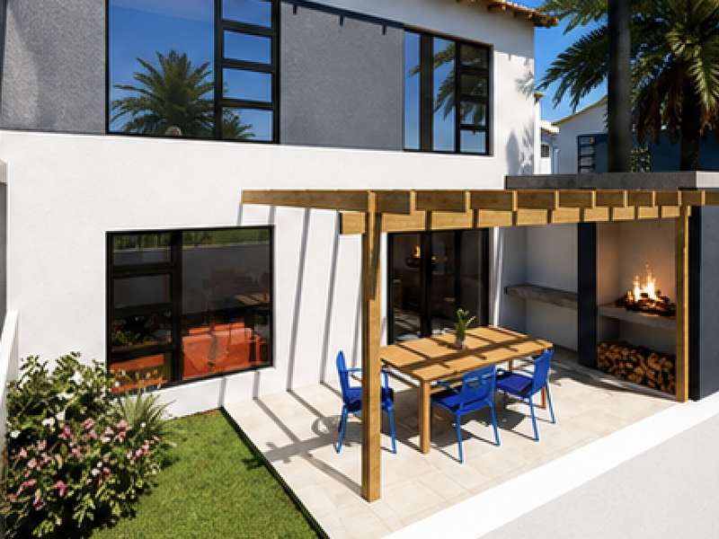 A modern outdoor patio featuring a timber pergola, built-in fireplace, and tiled flooring, perfect for alfresco dining and entertaining.