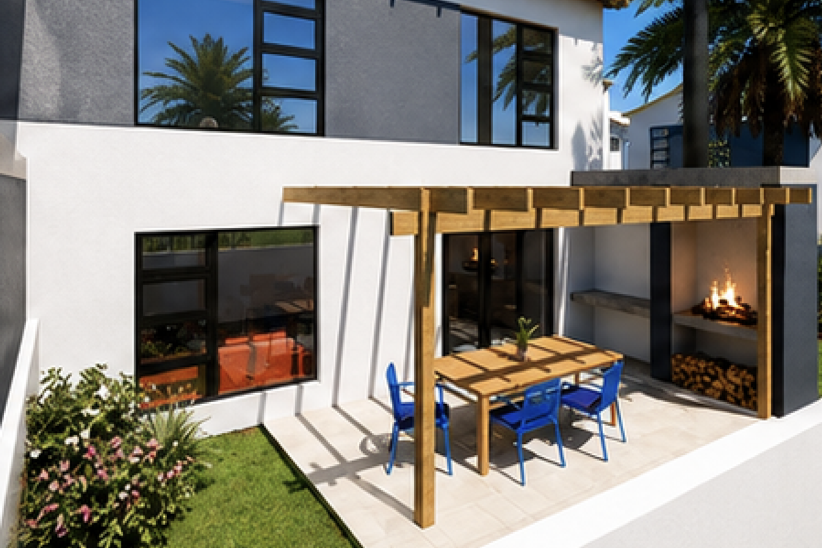 A modern outdoor patio featuring a timber pergola, built-in fireplace, and tiled flooring, perfect for alfresco dining and entertaining.