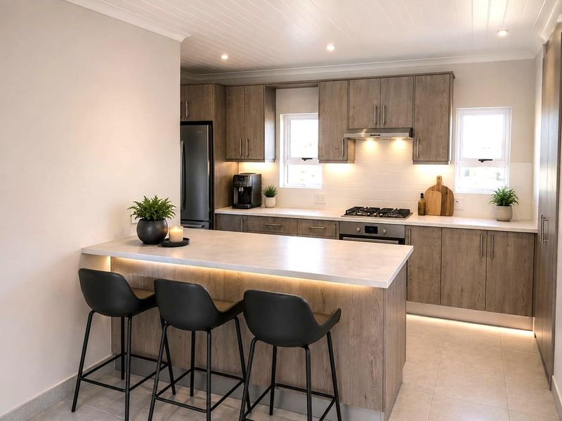 Modern kitchen featuring wood-grain cabinetry, stone countertops, a central island with breakfast bar seating, and integrated gas cooking appliances.