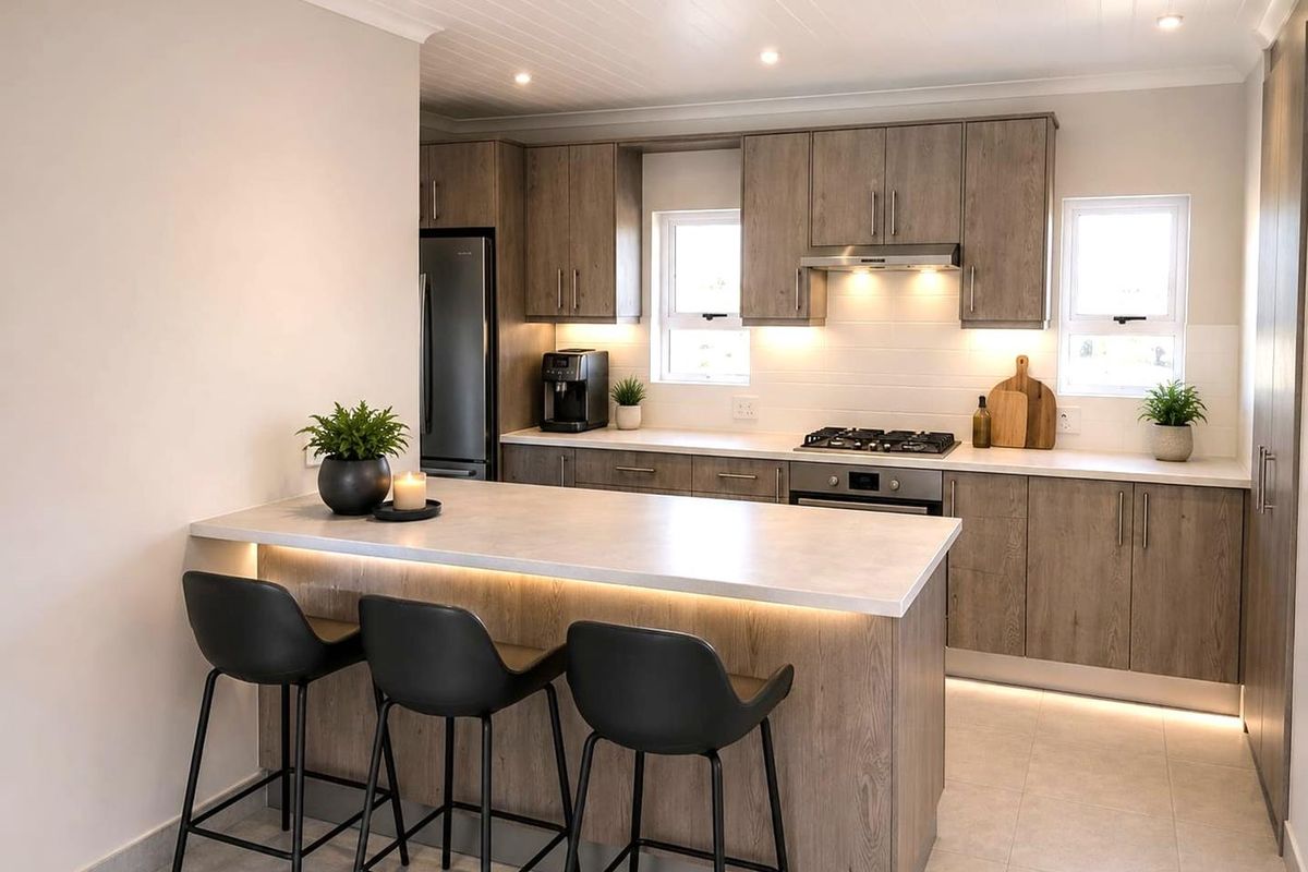 Modern kitchen featuring wood-grain cabinetry, stone countertops, a central island with breakfast bar seating, and integrated gas cooking appliances.
