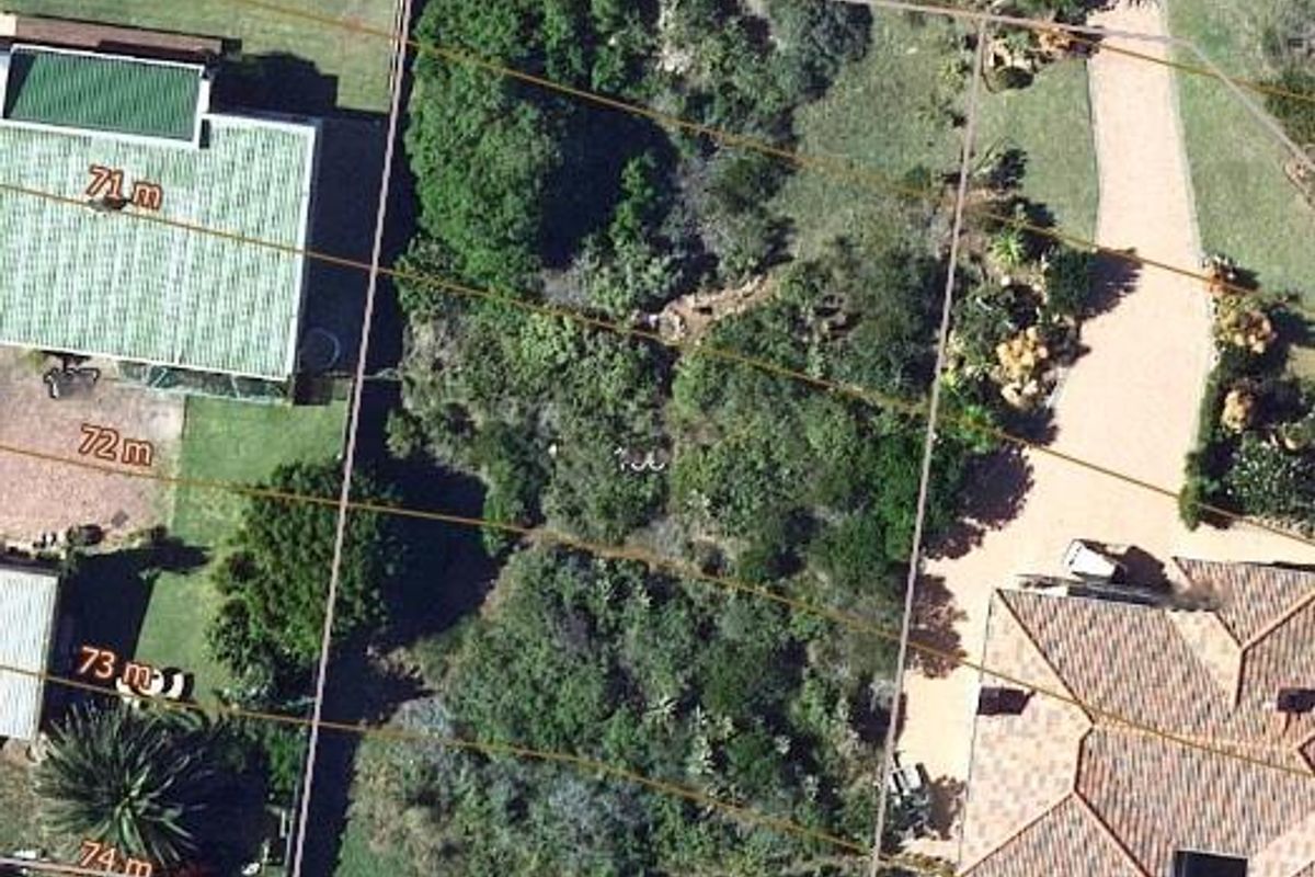 An aerial view of a vacant residential plot featuring established vegetation and surrounding residential properties.