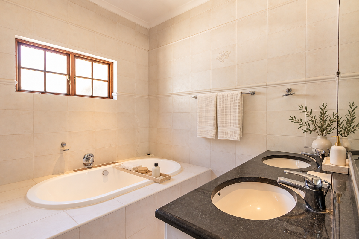 A well-maintained bathroom featuring a built-in bathtub, double vanity with granite countertops, and neutral wall tiling.