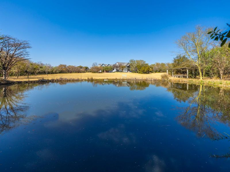 A scenic view of a tranquil pond set within expansive, well-maintained residential grounds featuring mature trees and open space.