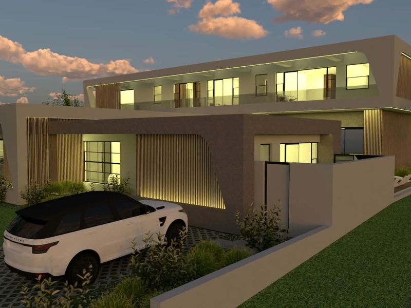 A modern architectural rendering of a contemporary two-story house featuring timber slat accents, recessed lighting, and a paved driveway.