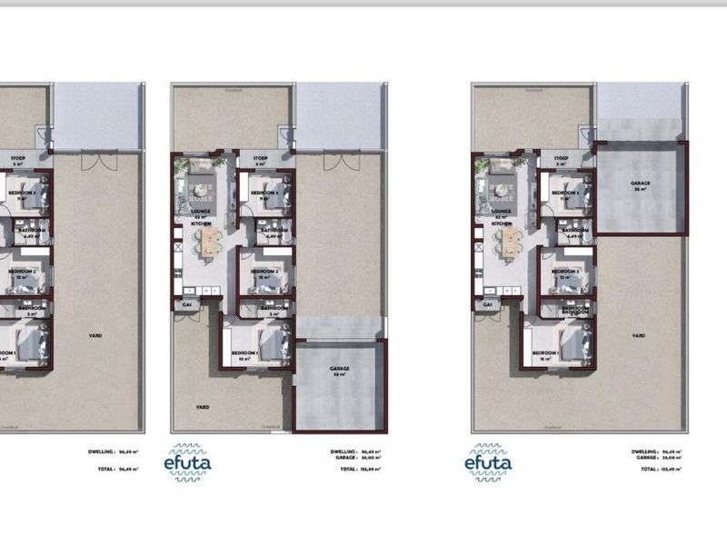A promotional marketing brochure displaying floor plan layouts for three-bedroom residential units, including interior renderings of the kitchen and bedroom.