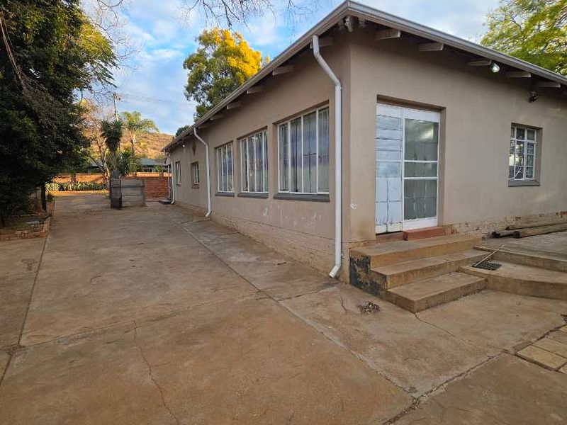 Rear exterior view of the house featuring a concrete driveway, multiple casement windows, and concrete steps leading to a side entrance.