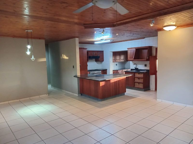 Spacious open-plan kitchen and living area featuring timber ceilings, tiled flooring, and a central kitchen island with built-in cabinetry and appliances.
