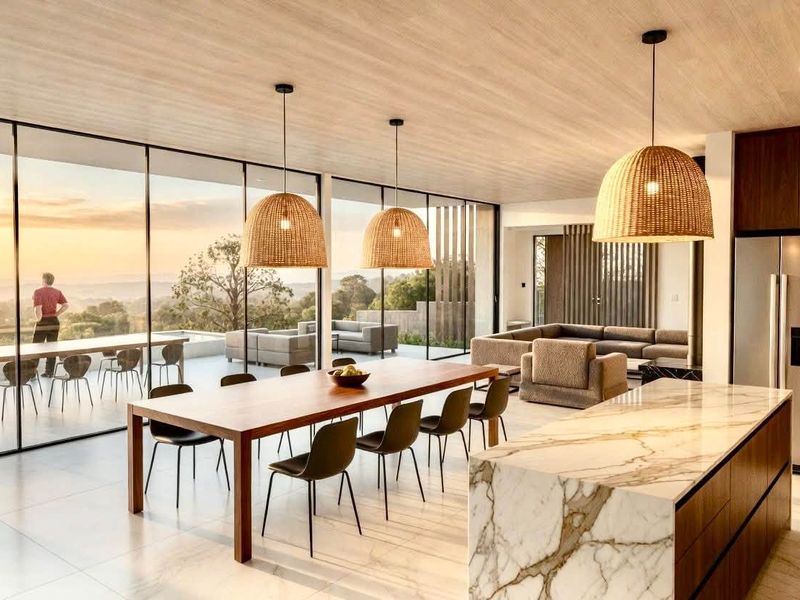 Modern open-plan living and dining area featuring a marble kitchen island, floor-to-ceiling glass walls, and seamless indoor-outdoor flow with panoramic views.