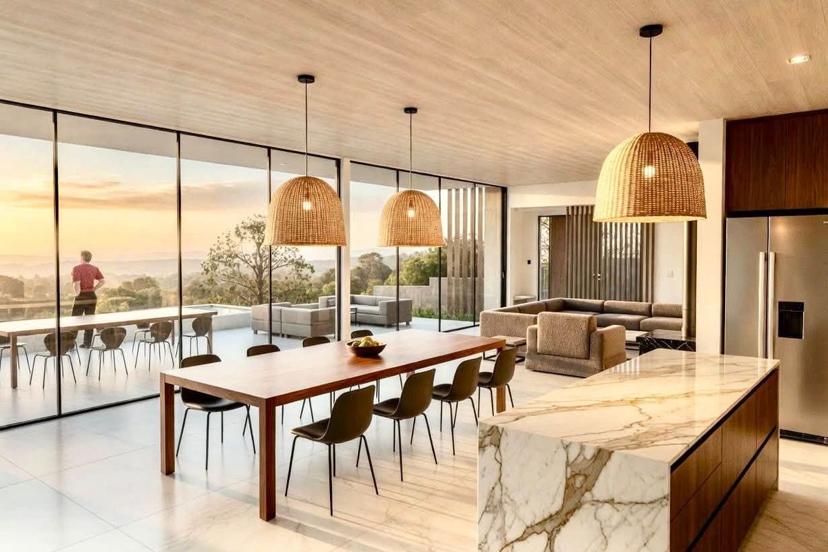 Modern open-plan living and dining area featuring a marble kitchen island, floor-to-ceiling glass walls, and seamless indoor-outdoor flow with panoramic views.