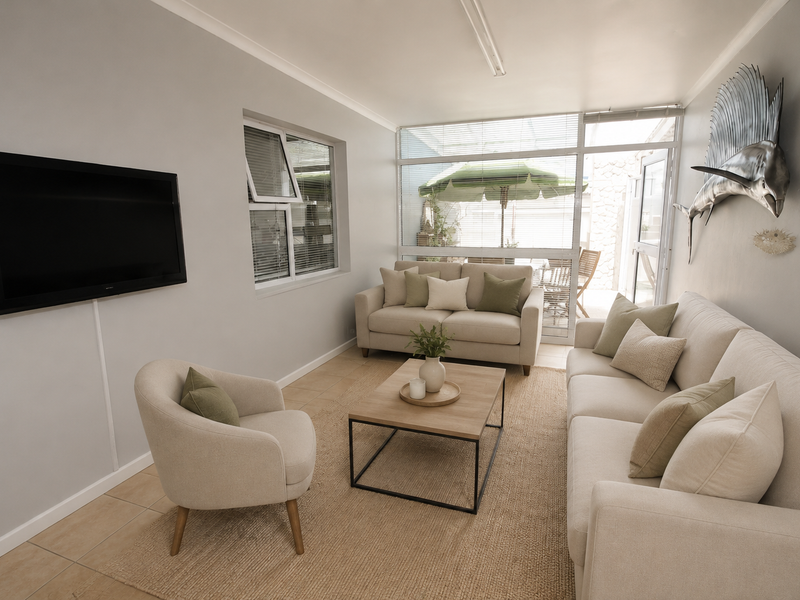 A bright and well-maintained living room featuring neutral tiled flooring, large glass sliding doors leading to an outdoor area, and a modern casement window.