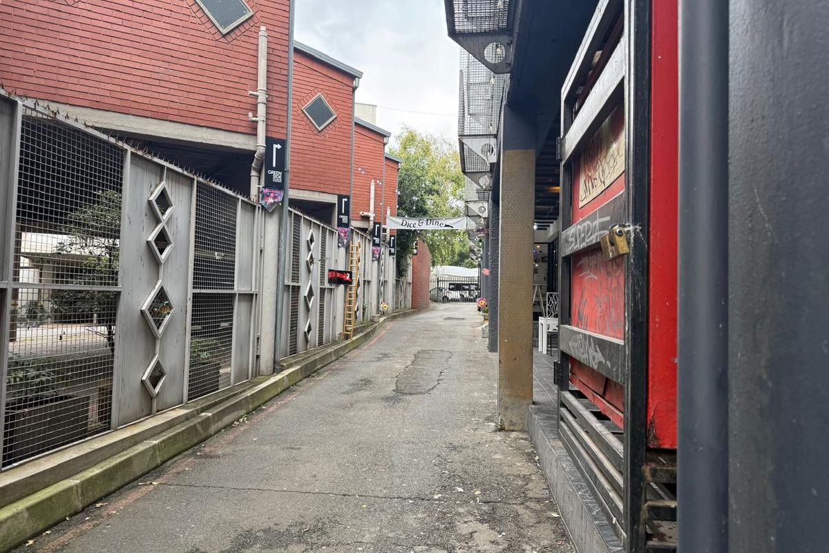 A narrow alleyway providing access between commercial buildings, featuring industrial metal fencing, brick facades, and paved ground surfaces.