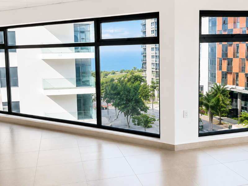 A bright, modern, and empty office space featuring large windows with urban and sea views, tiled flooring, and a clean suspended ceiling.