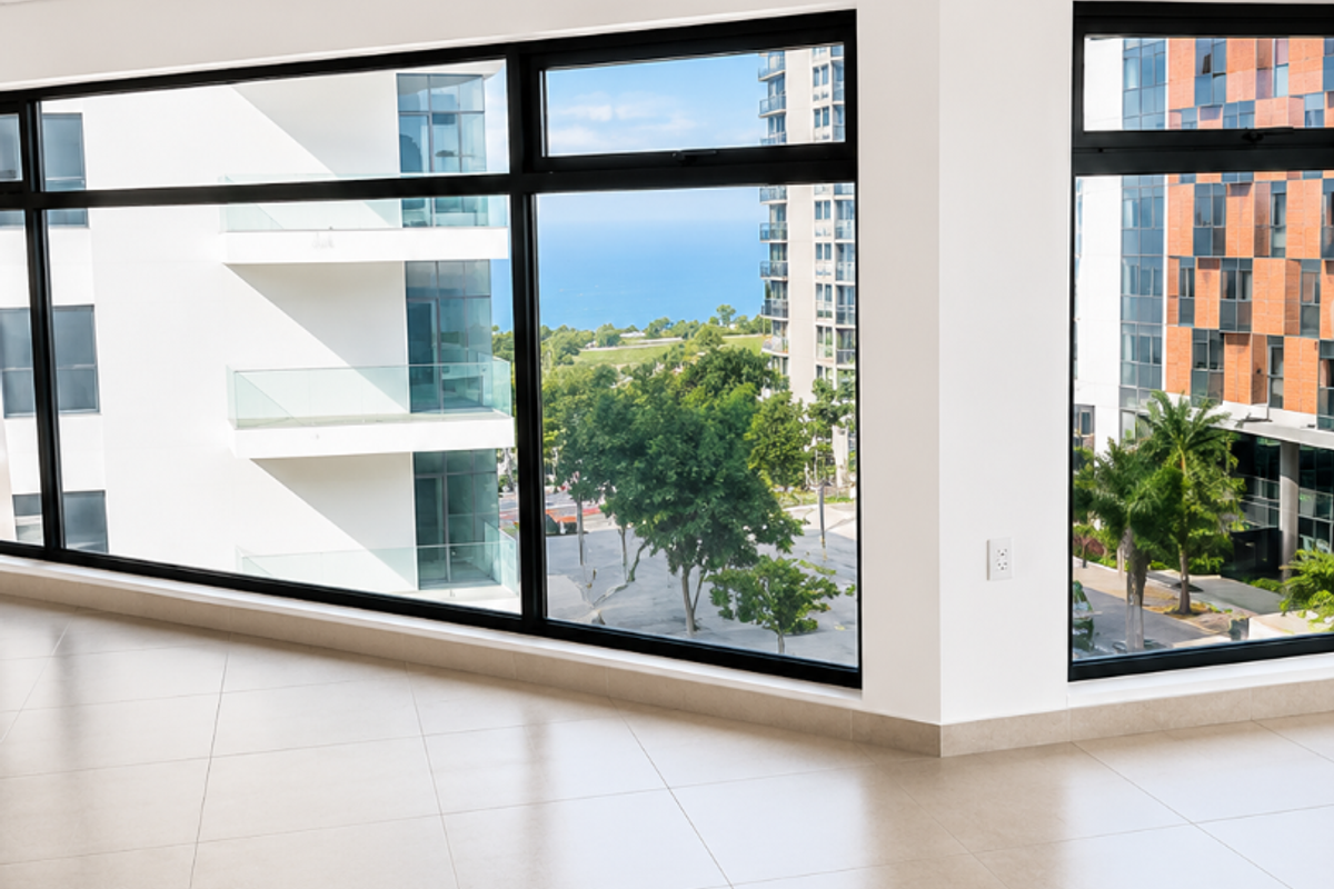 A bright, modern, and empty office space featuring large windows with urban and sea views, tiled flooring, and a clean suspended ceiling.