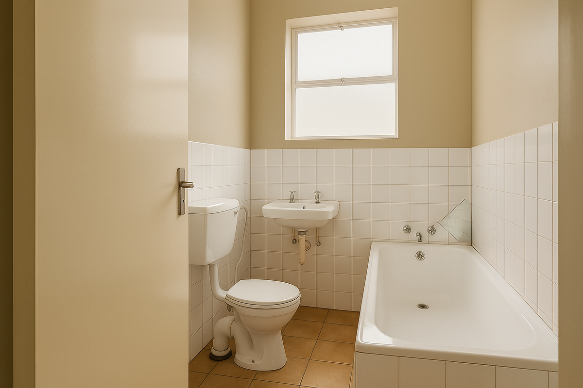 A functional bathroom featuring a standard bathtub, wall-mounted basin, and toilet with white wall tiling and neutral floor tiles.