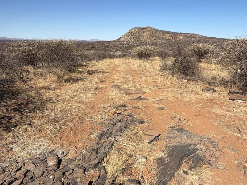 A view of the natural agricultural landscape featuring rocky terrain, dry grass, and indigenous shrubs under a clear blue sky.
