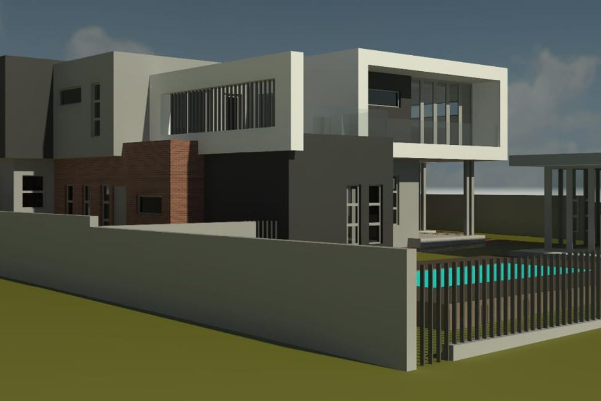 A 3D architectural rendering of a modern residential property featuring a swimming pool, contemporary facade, and perimeter boundary wall.