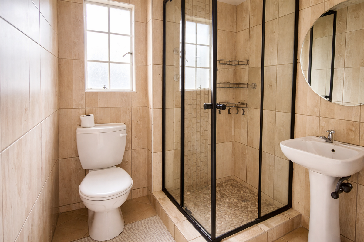 A well-maintained bathroom featuring a glass-enclosed shower with pebble flooring, a pedestal basin, and neutral wall tiling.