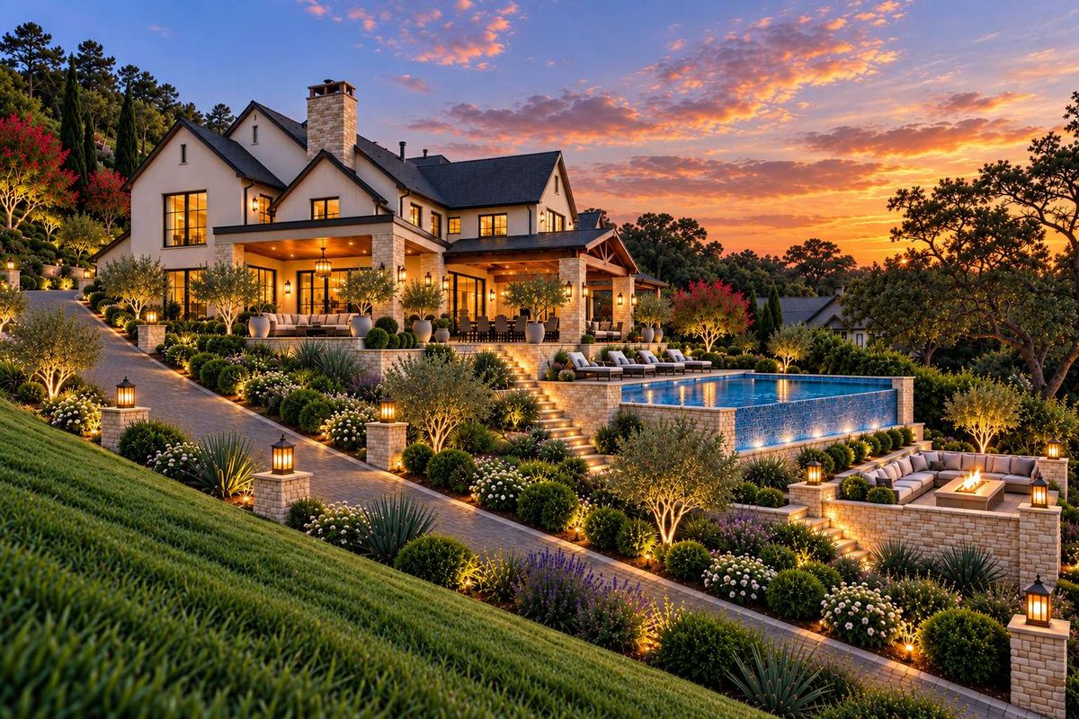 A luxurious multi-level rear exterior featuring an infinity pool, stone retaining walls, landscaped gardens, and a spacious covered patio at sunset.