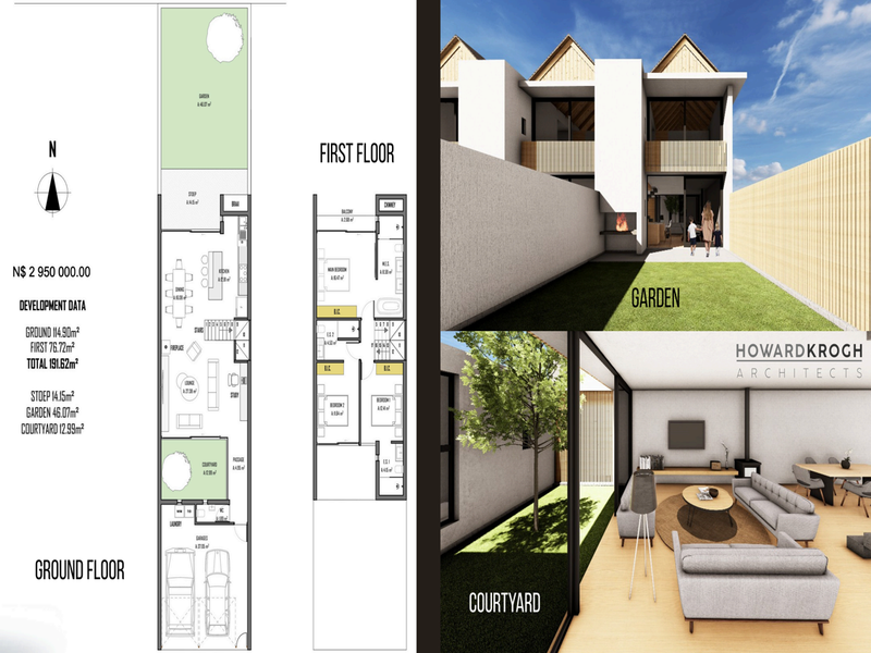 Architectural floor plan and 3D renderings showcasing the layout, garden, and courtyard of a modern townhouse development.