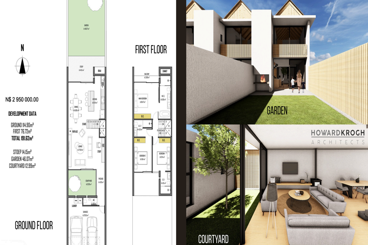 Architectural floor plan and 3D renderings showcasing the layout, garden, and courtyard of a modern townhouse development.