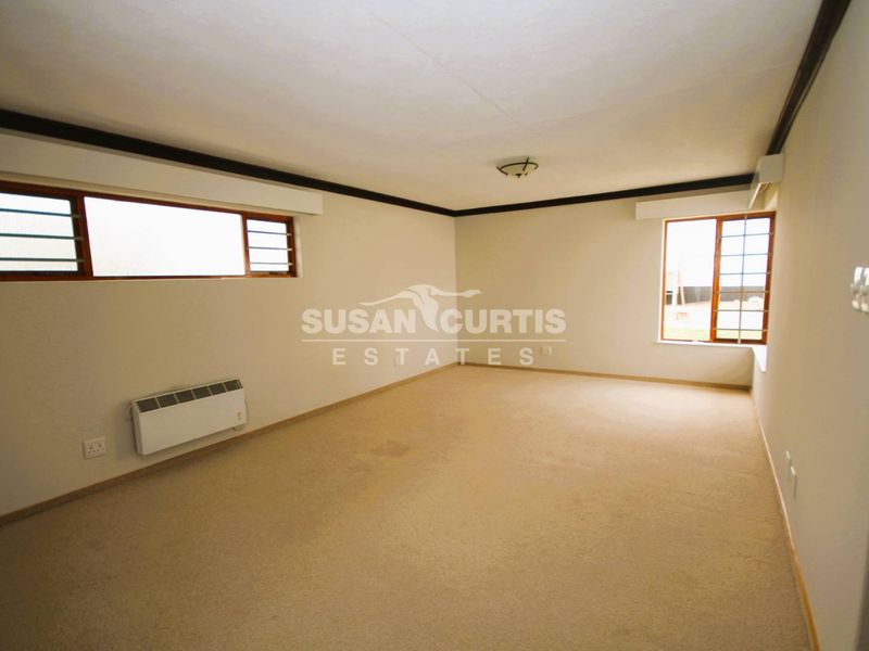 An empty living room featuring carpet flooring, a wall-mounted electric heater, and natural light from multiple windows.