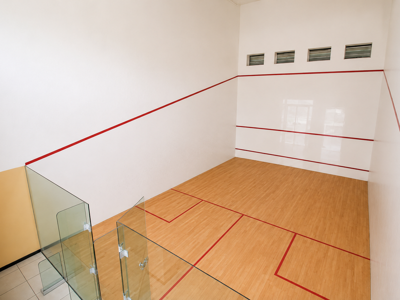 A well-maintained indoor squash court featuring timber flooring, glass balustrade, and high-level ventilation windows.