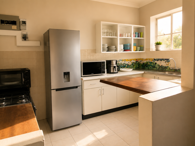 A functional kitchen featuring tiled splashbacks, mosaic accents, built-in cabinetry, open shelving, and a gas hob with an integrated oven.