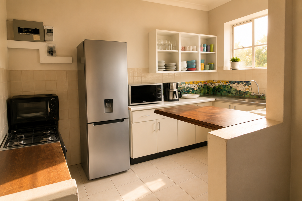 A functional kitchen featuring tiled splashbacks, mosaic accents, built-in cabinetry, open shelving, and a gas hob with an integrated oven.